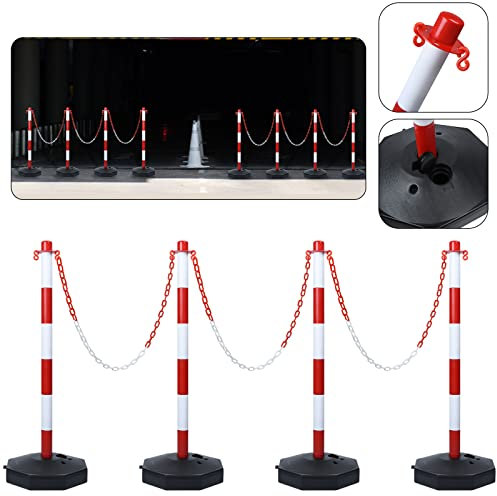 XMTECH Absperrpfosten Absperrkette Kettenpfosten 4 Stück Sperrpfosten + 4x 1,4M Ketten, Kunststoff Parkpfosten Poller Absperrung mit Standfuß, Rot & Weiß
