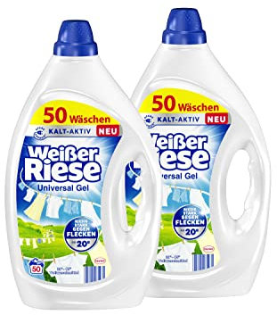 Weißer Riese Universal Gel 100 WL (2 x 50 Waschladungen), Vollwaschmittel sorgt für strahlend saubere Wäsche & wirkt riesig stark gegen Flecken, Kalt-Aktiv schon ab 20° C, 100% recycelbar*