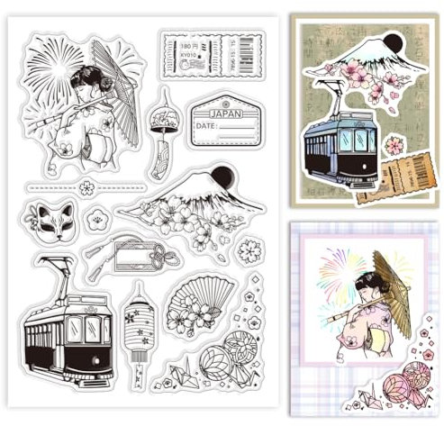 GLOBLELAND Japan Travel Sightseeing Transparente Stempel für Scrapbooking Mt. Fuji Feuerwerk Kirschblüten Klare Stamps Japanisches Kulturmuster Silikonstempel Für Kartengestaltung DIY Prägung