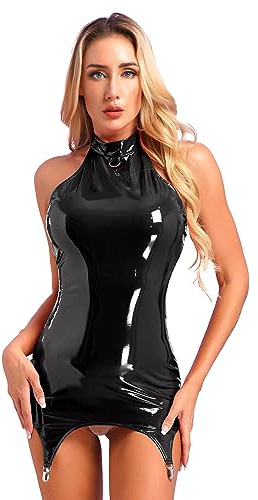 YiZYiF Mini Vestido de Látex para Mujer Sexy de Piel Sintética Bodycon Falda Sin Mangas Vestido de Cuero Super Corto Gogo Conjuntos para Club Negro M