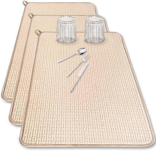 3 Pack Microfiber Dish Drying Mat,24*17 inch Absorbent Dish Drainer Kitchen Counter,Large Drying Pad for Countertop,Rack and Under Sink(Beige)