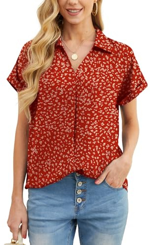 IWOLLENCE Blouses for Women Short Sleeve Casual Work Tops Smooth Chiffon V Neck Turndown Collar Women's Blouse Pleated Tunic T Shirts (Floral Red, L)
