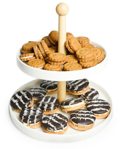 Sendez Etagere 2 Stöckig aus Porzellan mit Holzstamm Kuchenplatte Kuchenständer Servierständer