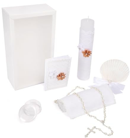 5 PCS Baptism Candle Set for Boys and Girls,Baptism Kit Catholic Candle,Towel,Shell,Rosary andBible for Baptismal Christening First Communion Gift,Velas para Bautizo De Niño o Niña