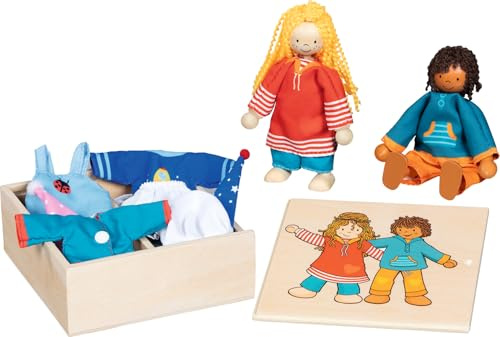 goki Fynja & Fabio 51482 Clothes Box Made of Wood and Textile, Sustainable Wooden Figures and Matching Clothing, Robust and Movable Wooden Dolls for Children Including Wooden Box, Set of 20, from 3