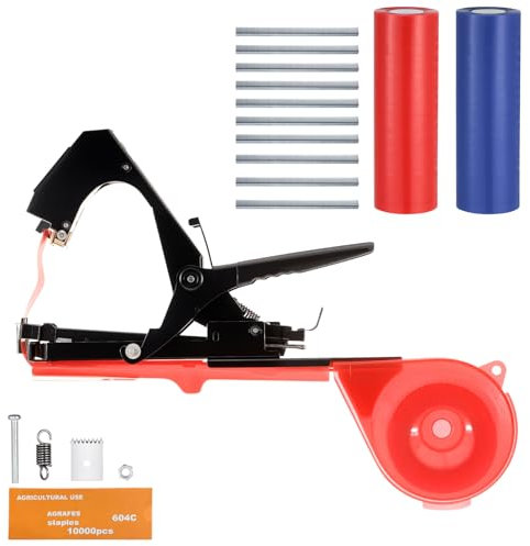 Faankiton Bindezange für Pflanzen, Pflanzenbindemaschine, Landwirtschaft Garten Bindemaschine, Bindegerät für Pflanzen, Bandzange Tapetool Handbindemaschine Bindewerkzeug, 10000 Nägel+20 Rollen, Rot
