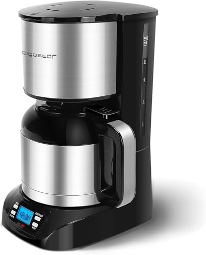Aigostar Bonnie - Edelstahl Kaffeemaschine mit timer, 24H programmierbar, LCD Display, Warmhalteplatte, Abschaltautomatik, Tropfstopp, 800W, Filterkaffeemaschine mit Thermokaraffe, 10 Tassen, 1,2 L