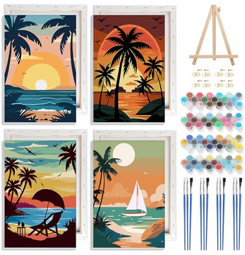 NAIMOER 4 Pack Framed Paint by Numbers Landscape for Adults Kids, DIY Sunset Paint by Numbers for Boys Girls, Art on Canvas Gifts Home Wall Decor 8x12in