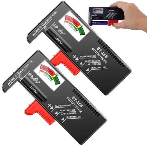 Set di 2 Tester Batteria Universale,Tester per batteria,Semplice Universale per Batterie AA AAA C D 9V 1.5V e a Bottone (Nero 2)