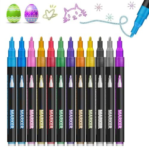 Pennarelli a doppia linea, 12 penne glitterate a doppia linea, per disegnare, diari, biglietti di auguri, scarabocchiare, scuola, scuola, decorazione artigianale