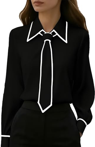 ANUFER Femmes Manches Longues Bureau Travail Chemisers Bouton Formel Tops Blouse avec Détachable Cravate