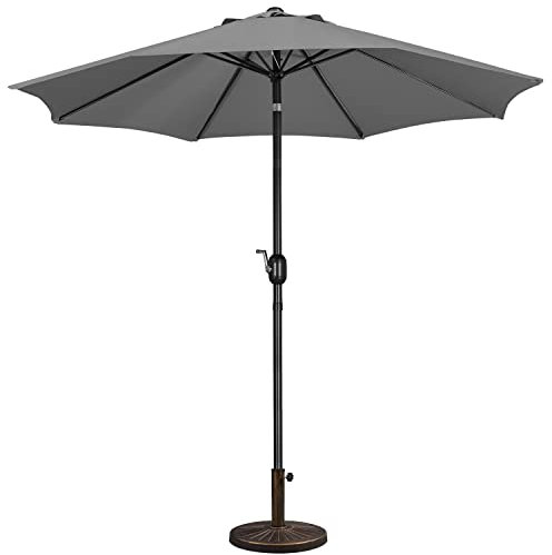 Yaheetech 2.7m Garden Parasol Umbrella Patio Table Umbrella Outdoor Tilting Crank & Handle Parasol with 10kg Resin Base Stand - Gray