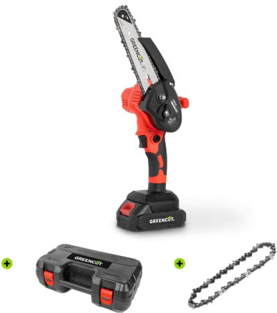 GREENCUT GSM216L - Mini motosierra de mano inalámbrica de batería 21V, espada 152.4mm, potencia 500W y 3000rpm, bloqueo de seguridad, con batería, cargador y 2 cadenas