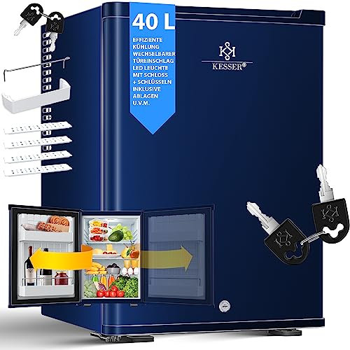KESSER® Mini Kühlschrank 40L abschließbar Minibar ideal für Camping, Büro, Schlafzimmer, Hotel, Küche kleiner Kühlschrank komplett lautlos, wechselbarer Türanschlag, Innenbeleuchtung inkl. Glasöffner