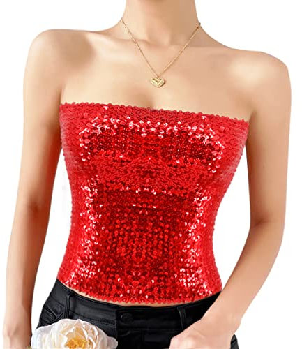 Naimo Damen Glitzer Pailletten Crop Top Ärmellos Schulterfreies Top Sexy Trägerlos Tube Top Bandeau Bustier Rave Oberteil