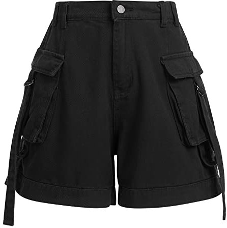 FYMNSI Kurze Hosen Damen Sommer Cargo Shorts Milit?r Casual Elastische Taille Freizeithose mit Taschen Hotpants Baumwolle Outdoorhose Arbeitshose Jeans Bermuda Shorts Outdoor Wandern Short Schwarz L
