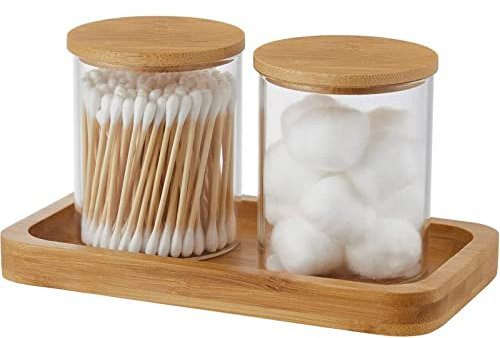 VKTY Confezione da 2 contenitori in vetro per cotton fioc, da 283,5 g, contenitori da bagno per batuffoli di cotone, contenitore per dispenzer, porta dischetti di cotone con coperchio in bambù