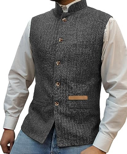 Yiaisafa Jagd Herren Stand-Up Kragen Mock Tweed Westen Retro Herringbone Weste Vintage Hochzeit Gilet Wollen Bräutigam(Grau,M)