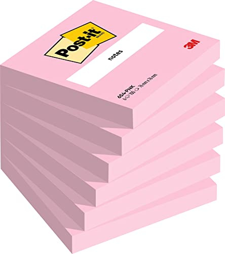 Post-it Notes, Pink, Pack of 6 Pads, 76 mm x 76 mm, 100 Sheets per Pad - Extra Sticky Notes for Walls, Monitors and Fridge