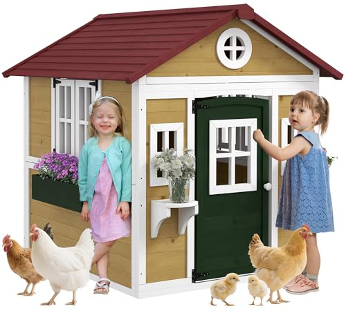 Outsunny Outdoor Kids Playhouse, Wooden Playhouse with Dutch Door, Windows, Flower Holders and Boxes for Toddlers 3-8 Years, Cottage Play House for Backyard, DIY Chicken Coop, Beige
