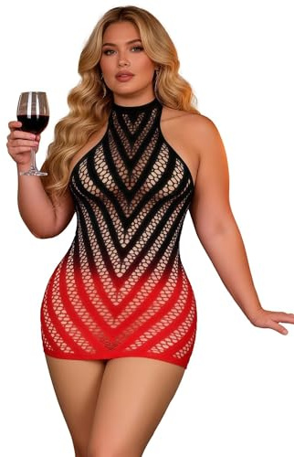ohyeahaldy Womens Plus Size Sexy Lingerie Backless Fishnet Babydoll Chemises Negligees Soft Stretchy Nightwear Halter Mini Dress Sexy Outfits Box Package Size L XL 2XL