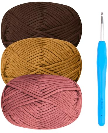 Tjockt bomullsullgarn för virkning – 3 x 50 g startkit med 4 mm krok, enkelt amigurumi-garn i rött, brunt, svart