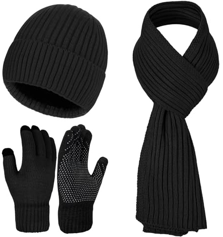 Warmiehomy Hat Gloves Scarf Set for Men Gentlemen Soft Warm Knitted Beanie Cap Long Scarf Touch Screen Gloves 3 in 1 Winter Thick Set for Outdoor
