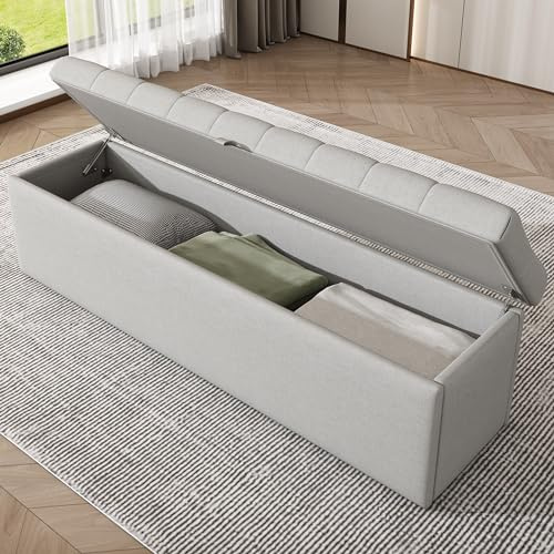 SOFTWEARY Banc rembourré, banc de lit avec espace de rangement et couvercle, convient également comme banc de penderie, tabouret, coffre (gris clair)