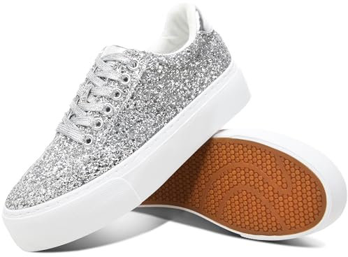 Jeekopeg Glitzer-Plateau-Sneaker für Damen, lässige Pailletten, glitzernde Schuhe, glitzernde dicke Sohle, Wanderschuhe, glänzende Pailletten, Hochzeits-Sneaker für Damen, Silber Glitter, 38.5 EU