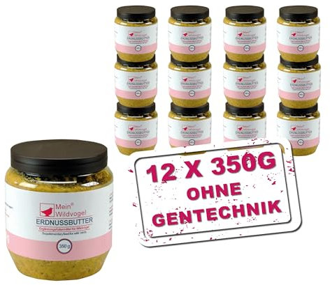 MeinWildvogel Erdnussbutter 12x 350g, nährstoffreiches Weichfutter mit Sonnenblumenkerne für Wildvögel und Gartenvögel. Ganzjähriges Fettfutter / peanut butter für Ihre Vögel, ohne Gentechnik