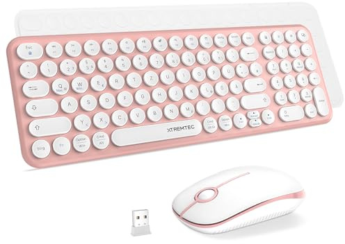 XTREMTEC kabellose Tastatur und Maus,Retro runde Schreibmaschine Tastatur,Slim Funktastatur leise Set,USB 2.4GHz Verbindung,kompakte Tastatur für Laptop,iMac,Windows,PC (Rosa-weis)-Deutsche Tastatur