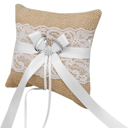 HANIUTTY Ringkissen Hochzeit Vintage, 20cm Jute Spitzeblumen Rustikale Eheringe Brautkissen Träger Ringschachtel Ringkästchen Ringschatulle Wedding Ring Pillow für Verlobung Oder Eheringe