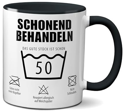 TassenKing Tasse mit Spruch Schonend behandeln Das gute Stück ist schon 50 - Kaffeetasse 50 lustig als Geschenk runder Geburtstag Mann Frau