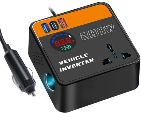 Inversor 12v 220v para Coche de 200 W, Transformador Convertidor con Tipo C y USB Puertos,Cargue Sus Dispositivos Electrónicos en Autocaravanas,Camper Furgoneta & Coche