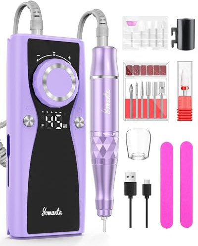 yomanta Nagelfräser professionell set 45000 RPM Tragbare Elektrische nagelfräser 10H+Batterielebensdauer Wiederaufladbar nagelfräser für gelnägel, LCD-Anzeige Einstellbare Drehrichtung -Lila