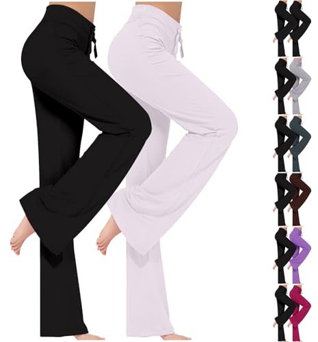 ZWDC 2er Pack Yogahose Damen Schlaghose Baumwolle Activewear Hosen High Waist Yoga Pants Bootcut Jeans Stretch Flared Stoffhose Flare Leggings Haushose Weites Bein Jazzpants Lang