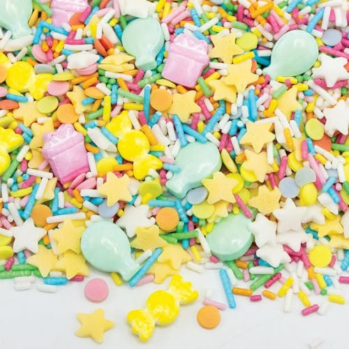 Happy Sprinkles Birthday Party Mix 90g – Edible Cake Decorations with Balloons, Stars, Presents – Pastel Cake Sprinkles Decorations for Cupcakes & Birthday Cake Decoration – HS0765