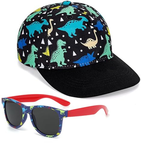 YcsRnn Toddler Sunglasses 2-3 Years, Boys Sun Hat with Dinosaur Sunglasses, Adjustable Toddler Baseball Cap, UV Protection for Outdoor Activities, Summer Travel Essentials (3+ Years) Brown