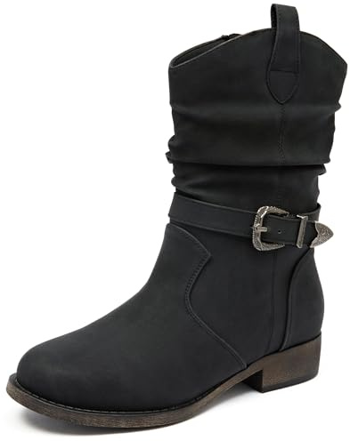 Veittes Women's Mid-Calf Cowboy Cowgirl Boots with Low Chunky Heel, Side Zipper, Motorcycle Style, Classic Round Toe,Fashion Western Black Boots.(PU/Size 8)