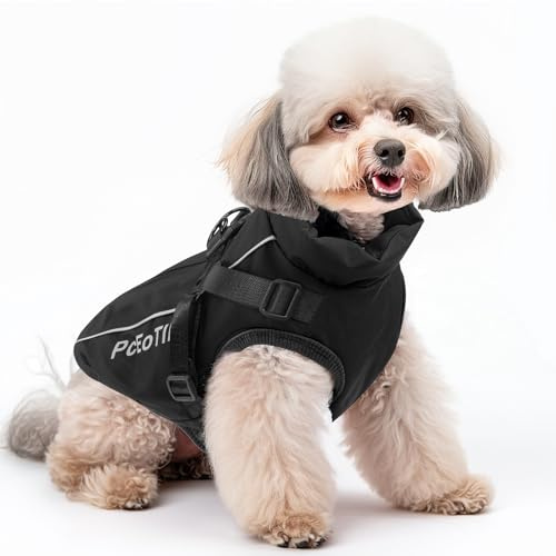 PcEoTllar Manteau imperméable pour Chien de Petite Taille, Veste Chaude réfléchissante avec Harnais pour l'hiver, Costume de Ski, Pull pour Chien, en Coton, Noir, Taille L
