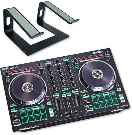 Roland DJ-202 - Controlador de DJ USB de 2 canales y 4 cubiertas con soporte para portátil Keepdrum, color negro