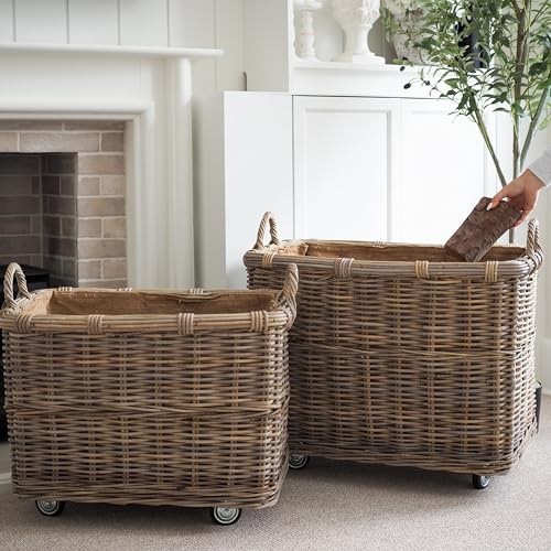 Extra Large Woven Rattan Storage Basket with Wheels, Rustic, Rolling Log Holder with Handles, Rattan Storage Basket, Log Storage With Wheels