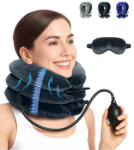 LuxoCare Collier Cervical Gonflable - Traction Cervicale pour Soulager Cervicales Douloureuses, Minerve Cervicale avec Masque Yeux pour Maison, Voyages, Travail et Détente