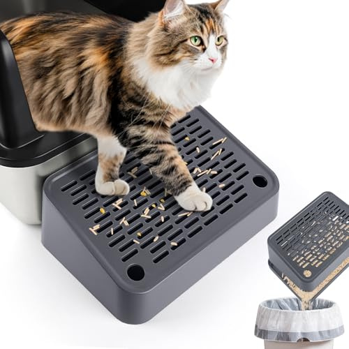 Kalolary Rampe pour Litière pour Chat, Marchepied Pédale avec Fonction Filtre Toilettes Animaux Compagnie Faciles Nettoyer Marchepied Avant Bac Litière Piège Litière Chatons Chats Âgés (Gris Foncé)