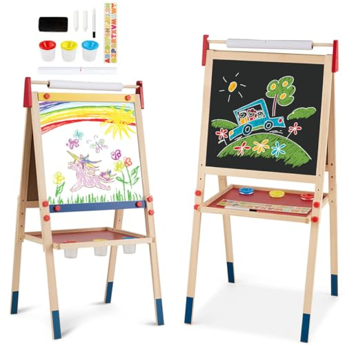 HOMASIS 3 in 1 Lavagna per Bambini con Rotolo di Carta, Cavalletto Pittura Bambini con Lavagna Doppia Faccia, Altezza e Ripiano Regolabile, Struttura in Legno di Pino, 60 x 55 x 112,5-124,5 cm