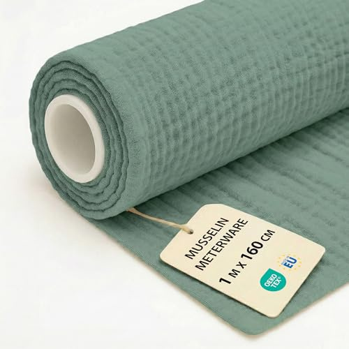 Tela muselina por metros 1 M x 160 cm - Telas para costura patchwork decoracion y manualidades Ideal para proyectos de costura creativa y ropa hogar disfraces Oeko-Tex Color Salvia