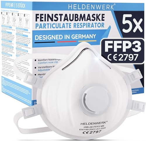 HELDENWERK® FFP3 Maske mit Ventil – 5er, 10er oder 20er Set – Atemschutzmaske/Staubschutzmaske zertifiziert Ausatemventil – Staubschutzmasken mit verstellbaren Hinterkopfband (5er Pack)
