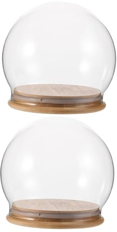 Toyvian Cúpula de Cristal Transparente para Exhibición 12 Cm con Base de Bambú 2 Piezas, Campana de Vidrio para Flores y Manualidades, Vitrina Decorativa Multifuncional para Hogar