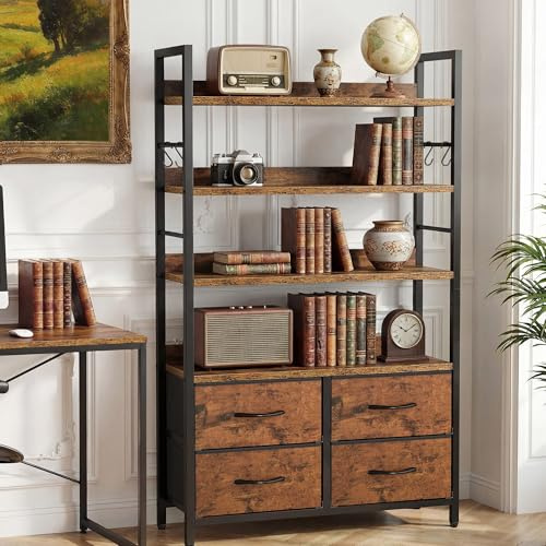 YITAHOME Industrial Bookshelf, 4-Tier Bookcase with Adjustable Shelves & 4 Fabric Drawers, Freestanding Display Shelf with Metal Frame for Living Room, Bedroom, Office, Rustic Brown