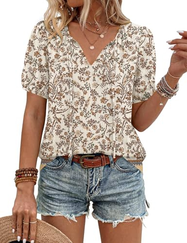 Rapbin Blusas de verano para mujer, estilo bohemio, cuello en V, con lazo frontal, manga corta, estilo casual, holgada, tipo túnica